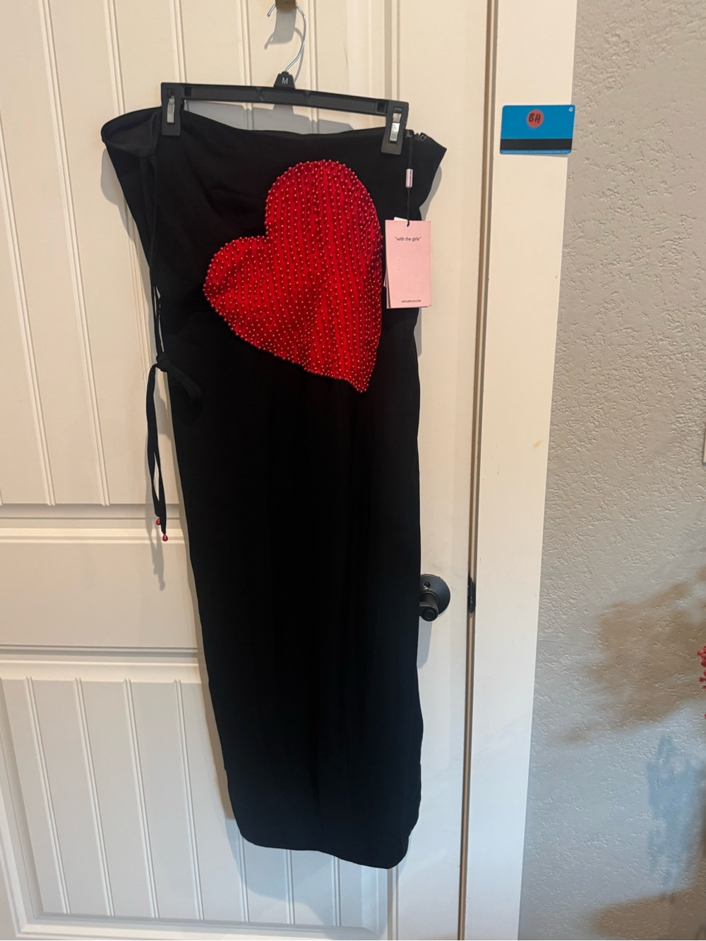 Avec Les Filles Black Midi Dress with Red Beaded Heart